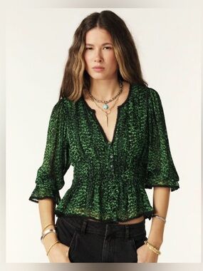 ba&sh Green Printed Peplum Blouse Small